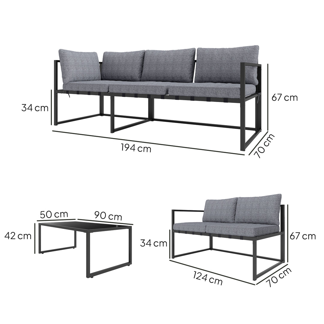 Three-Piece L Shaped Garden Furniture Set with Cushions - Grey