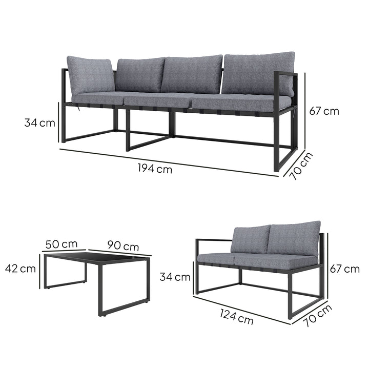 Three-Piece L Shaped Garden Furniture Set with Cushions - Grey