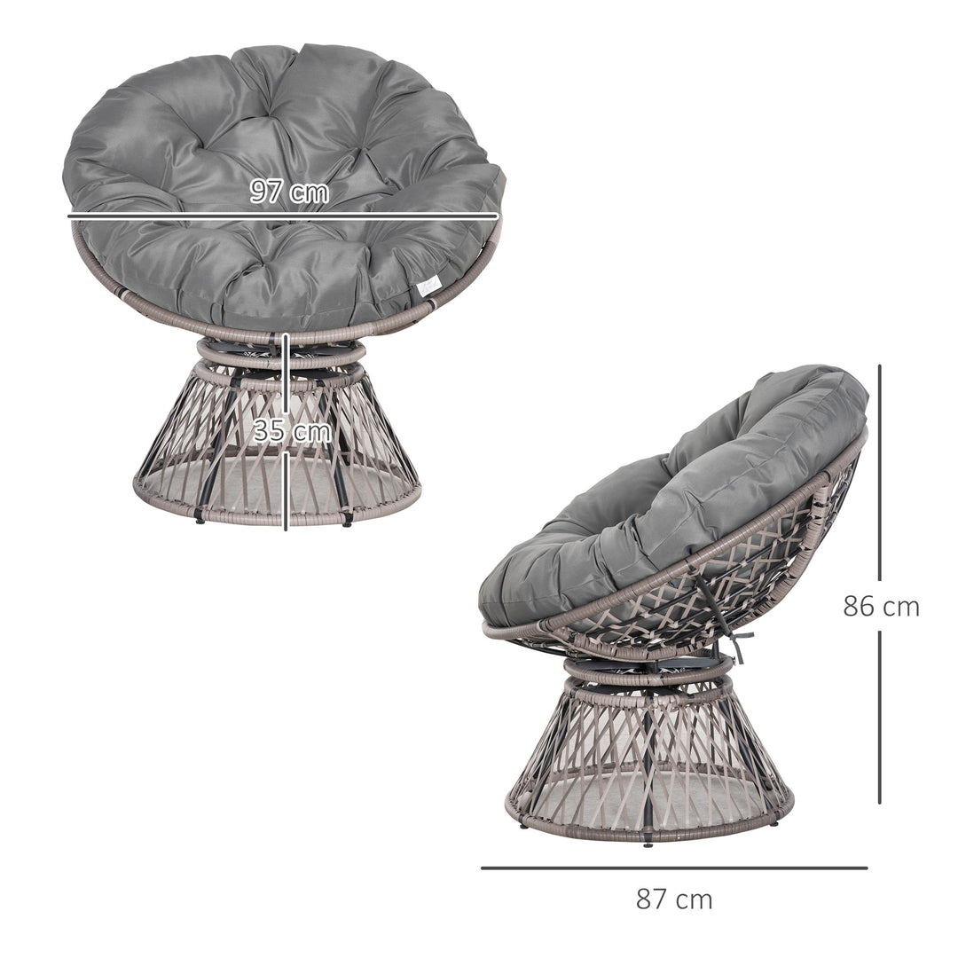 MCL 360° Swivel Rattan Papasan Moon Bowl Chair Round Lounge Garden Wicker Basket Seat with Padded Cushion Oversized for Outdoor Indoor, Grey