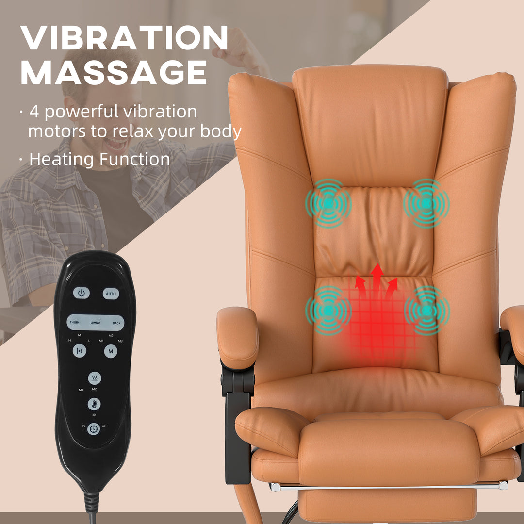 High Back Vibration Massage Office Chair, Heated Reclining PU Leather Computer Chair with 135° Reclining Back and Footrest, Light Brown