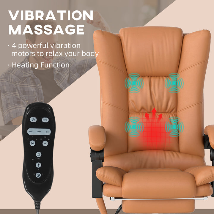 High Back Vibration Massage Office Chair, Heated Reclining PU Leather Computer Chair with 135° Reclining Back and Footrest, Light Brown