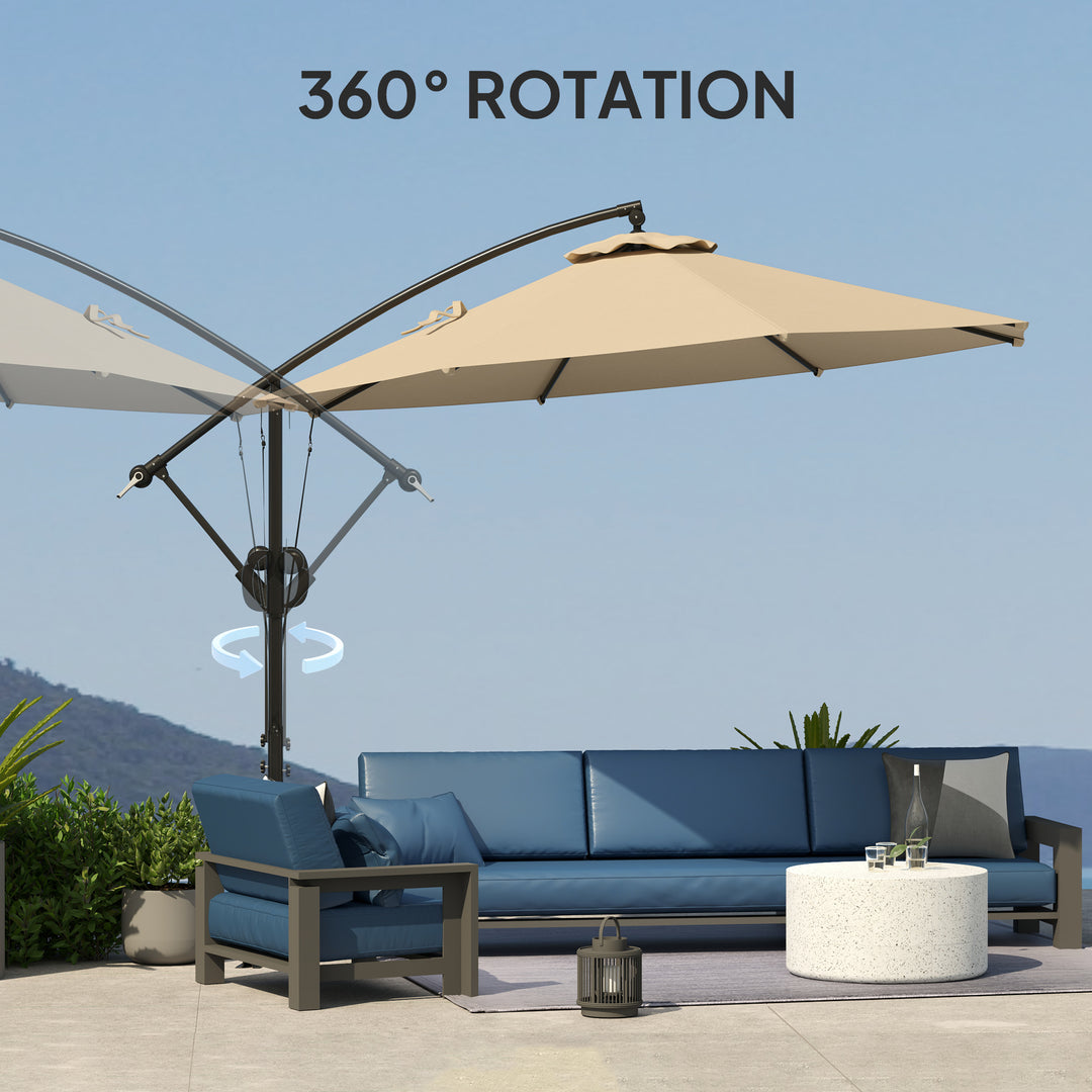 3(m) Garden Cantilever Parasol with Cover and Wind Protection Strap, Round Overhanging Umbrella with Crank Handle and Tilt, Banana Patio Umbrella for Outdoor Sun Shade, UPF50+, Khaki
