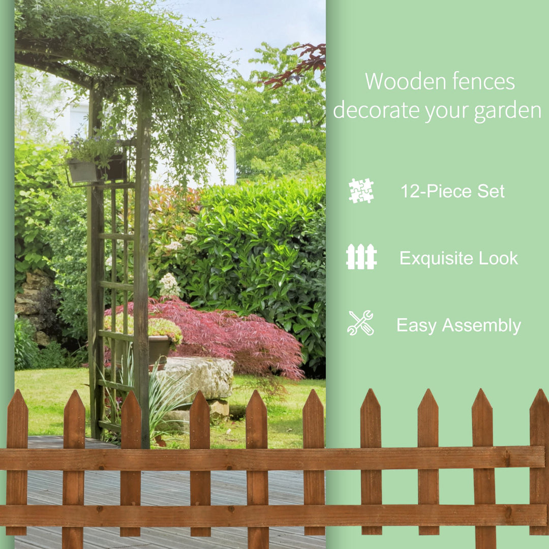 Pack of 12 Wooden Border Fences, Garden Fixed Picket Fence for Lawn Edging, Flowerbed, 60L x 1D x 34H cm, Brown
