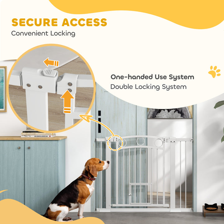 77cm Tall Dog Gate with Cat Door, 7cm and 14cm Extensions, for Stairs, Doorways, 76-104cm Width