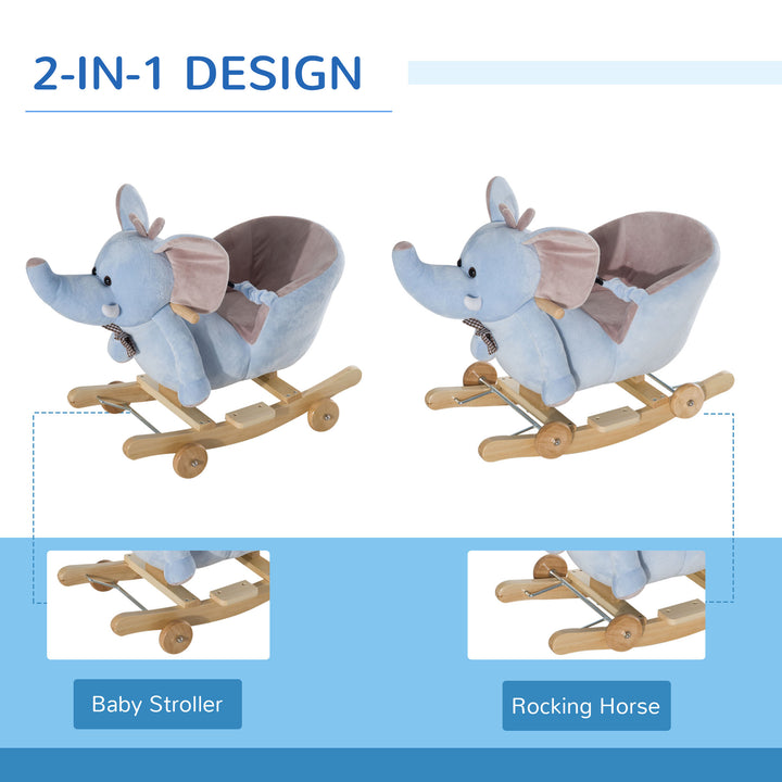 MCL 2 In 1 Plush Baby Ride on Rocking Horse Elephant Rocker with Wheels Wooden Toy for Kids 32 Songs for 18+ Months (Blue)