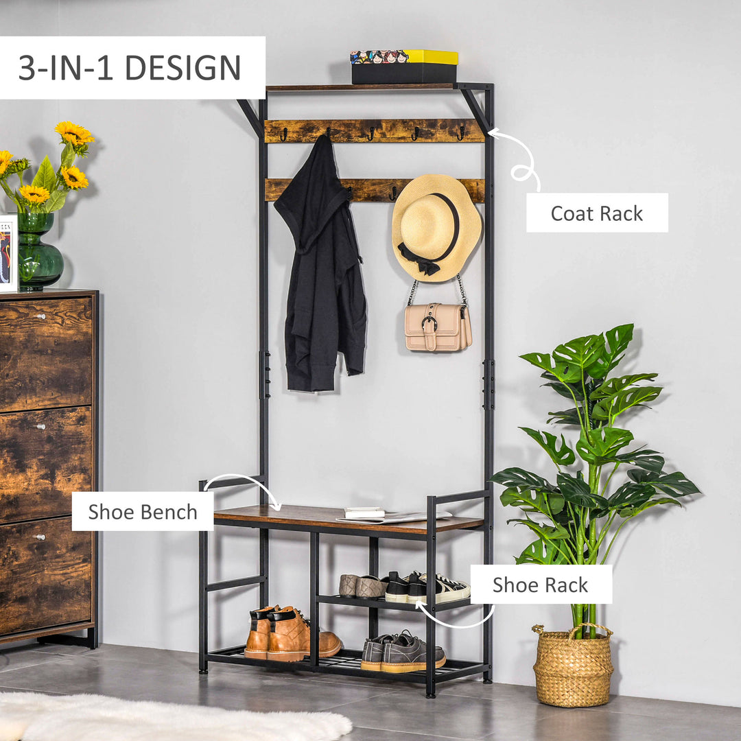 HOMCOM Coat Rack Stand Shoe Storage Bench with 9 Hooks Shelves for Bedroom Living Room Entryway Brown and Black 180cm
