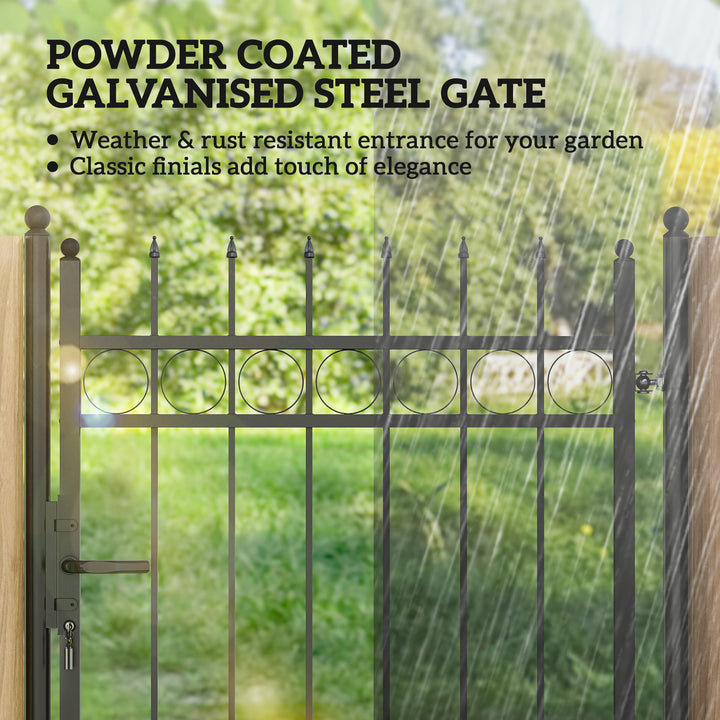 Galvanised Steel Garden Gate, Outdoor Fence Gate Security Barrier with Lock, Keys and Handle, Outdoor Entrance Way Door with Classic Finials, 105 x 204 cm, Black