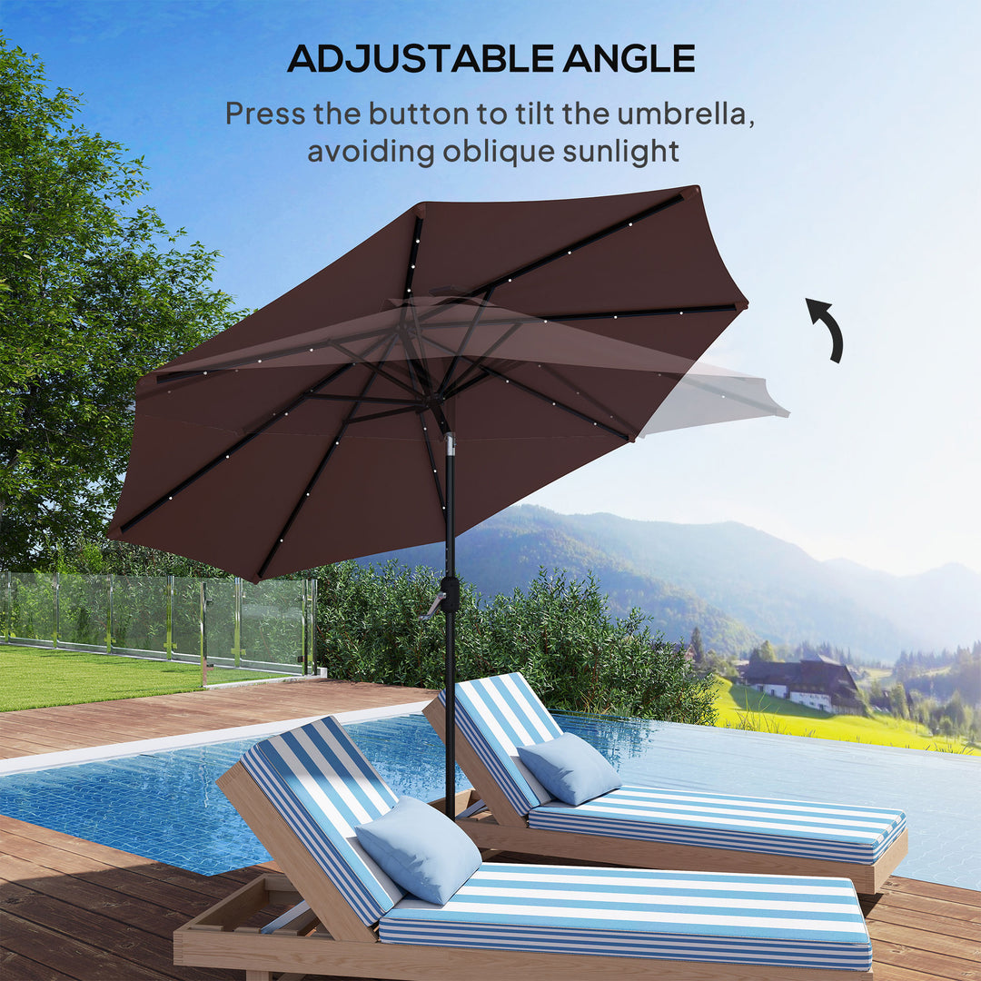 Φ2.7m Garden 24 LED Light Parasol Solar Outdoor Tilt Sun Umbrella Patio Club Party Event Manual Sun Shade w/ Hand Crank and 8 Ribs, Brown