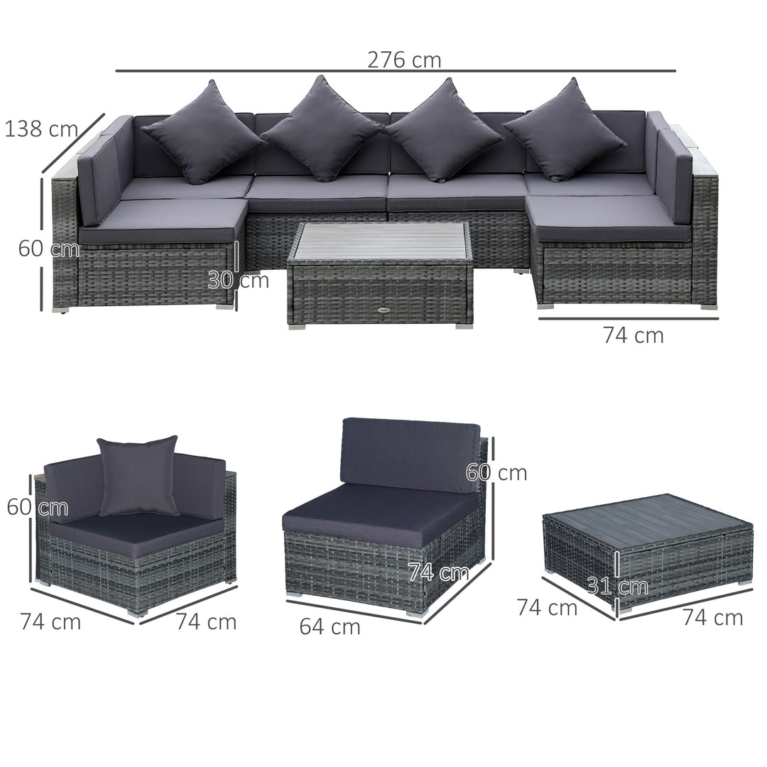 7 Pieces Patio Wicker Sofa Set, Outdoor PE Rattan Sectional Furniture Set w/ Acacia Table Top & Cushion for Garden, Backyard, Grey