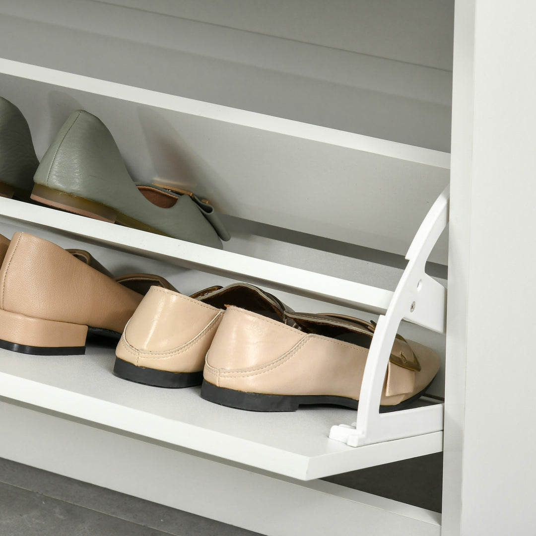Shoe Cabinet, Slim Shoe Storage Cabinet with Drawer, 2 Flip-up Doors and Adjustable Shelf, Narrow Shoe Cupboard for 16 Pairs of Shoes for Entryway, Hallway, White