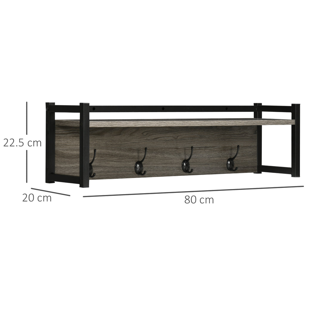 Wall Coat Rack with 4 Hooks Floating Shelf with Storage Rack for Keys, Clothes, Bags for Hallway, Entryway, 80 x 20 x 22.5 cm, Grey