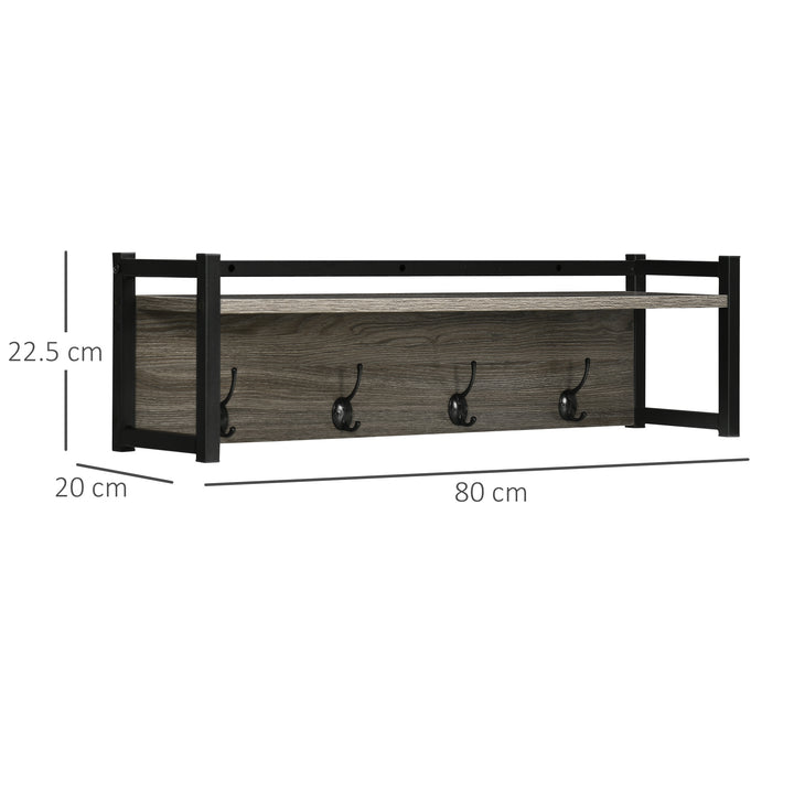 Wall Coat Rack with 4 Hooks Floating Shelf with Storage Rack for Keys, Clothes, Bags for Hallway, Entryway, 80 x 20 x 22.5 cm, Grey