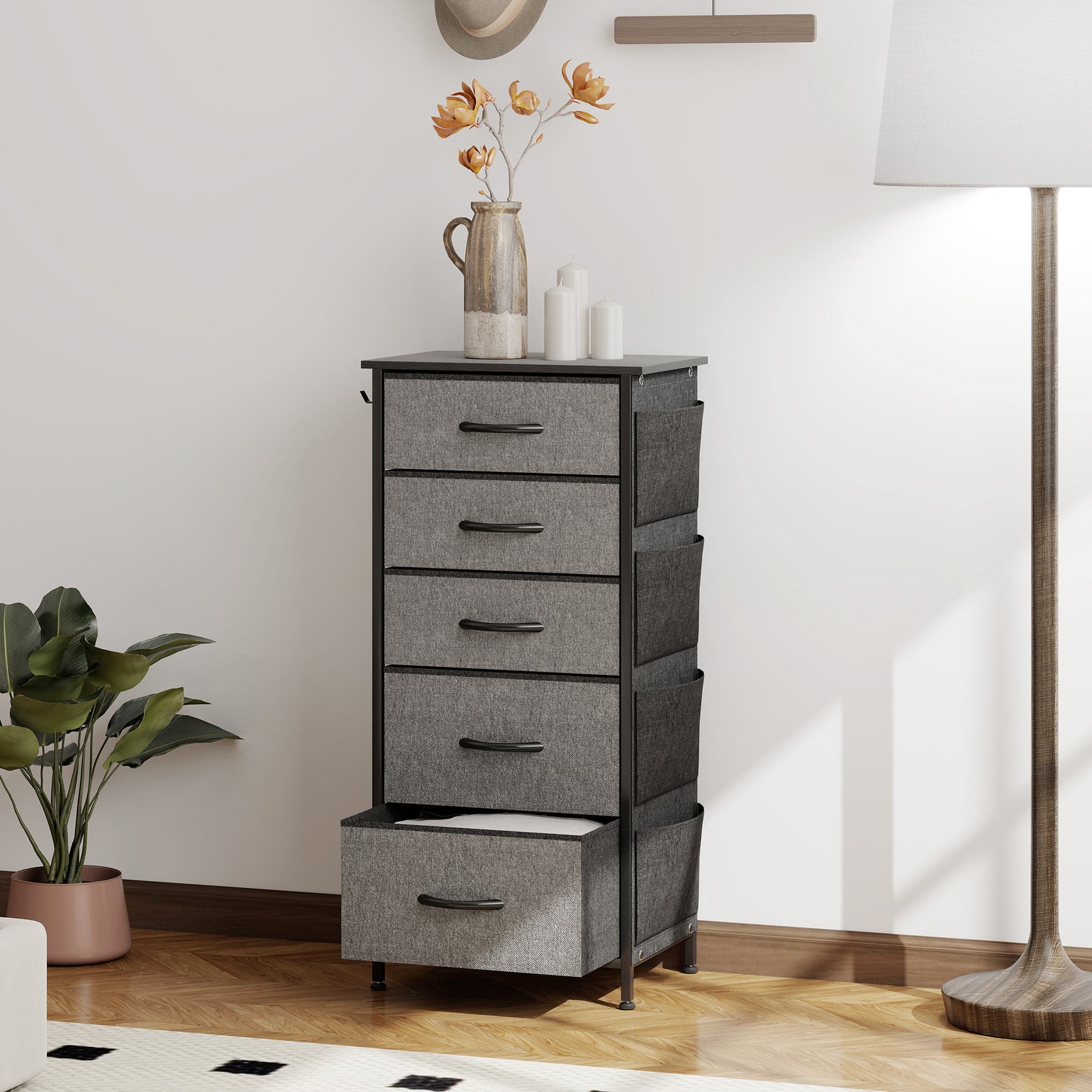 Chest of Five Fabric Drawers - Charcoal Grey