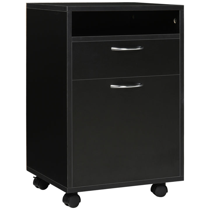 HOMCOM Mobile Storage Cabinet: Office Home Organiser with Drawer, Open Shelf, Metal Handles, 4 Wheels, Black | Aosom UK