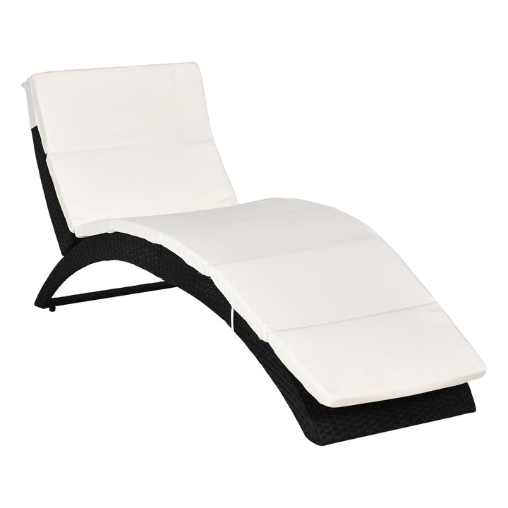 Outdoor Foldable PE Rattan Sun Lounger with Soft Padded Cushion, Ergonomic Curved Design Sun Bed for Balcony, Garden, Black