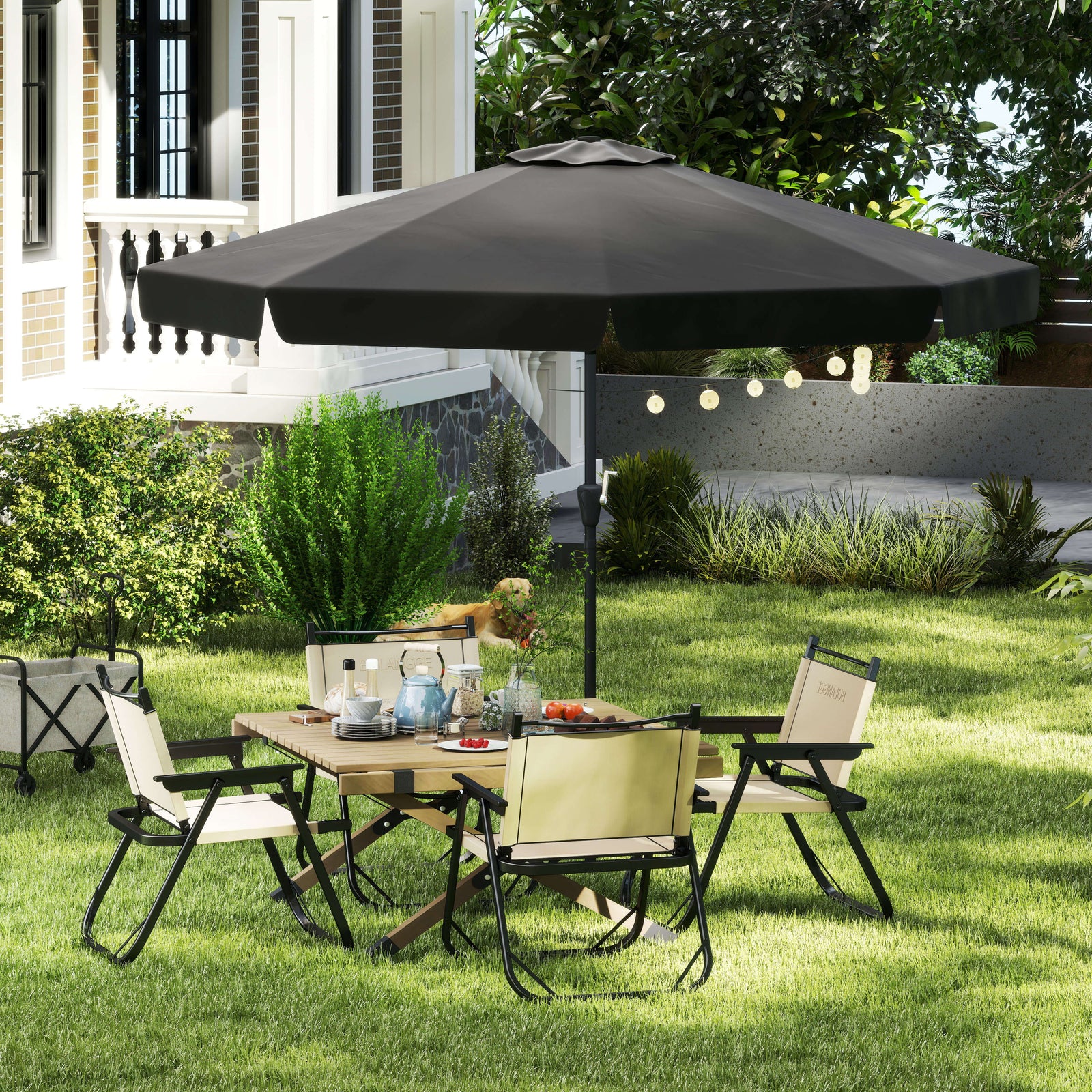 2.7m Patio Parasol Garden Umbrellas Outdoor Sun Shade Table Umbrella with Tilt, Crank, 8 Ribs, Ruffles, Black