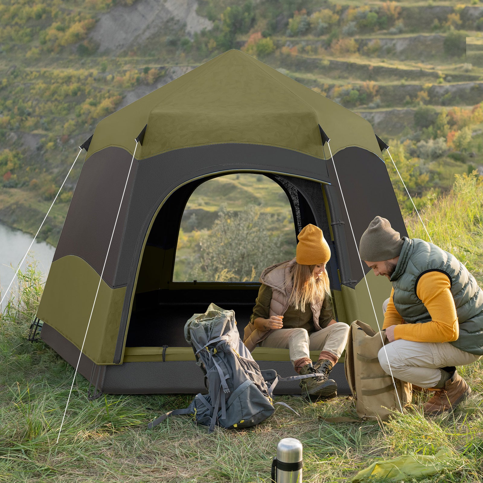 Six Man Hexagon Camping Tent with Hang Hook and Carry Bag - Dark Green and Light Grey