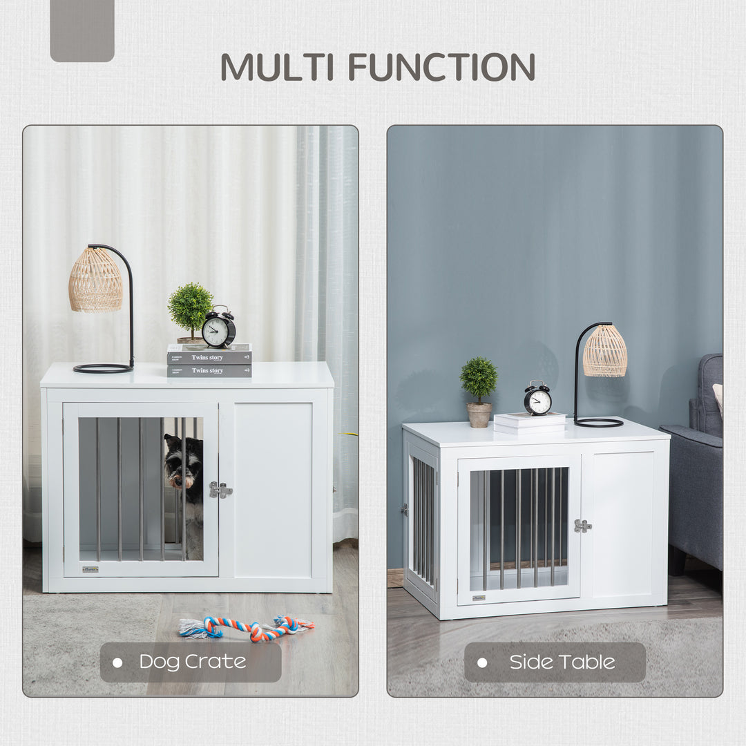 2-in-1 Dog Cage and Side Table, with Two Lockable Doors, for Medium Dogs - White
