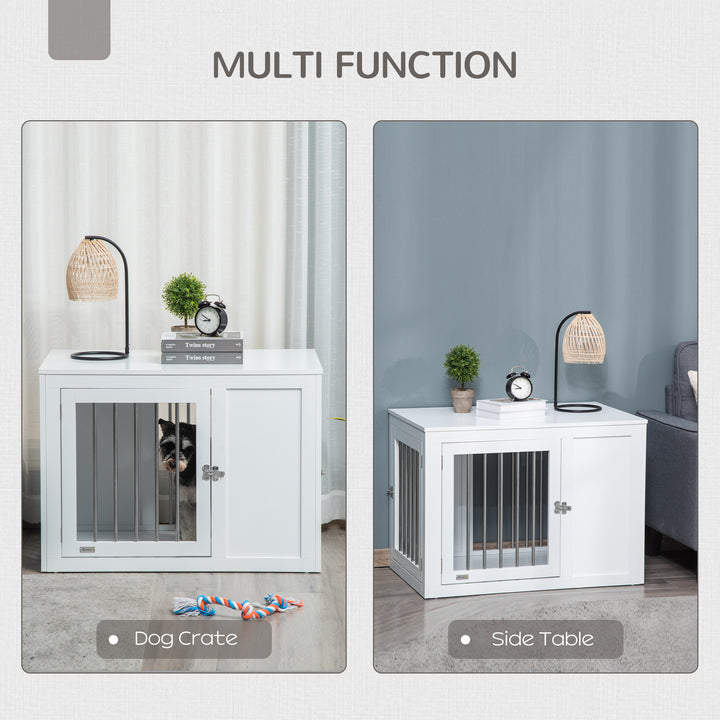 2-in-1 Dog Cage and Side Table, with Two Lockable Doors, for Medium Dogs - White