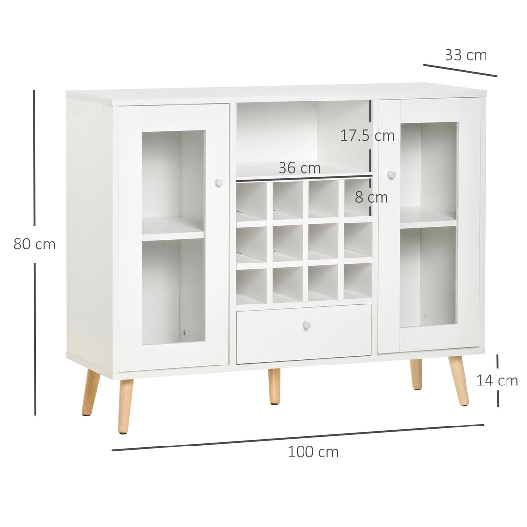 MCL Modern Sideboard Storage Cabinet Kitchen Cupboard Dining Bar Server with Glass Doors, Drawer & 12-Bottle Wine Rack for Living Room, White