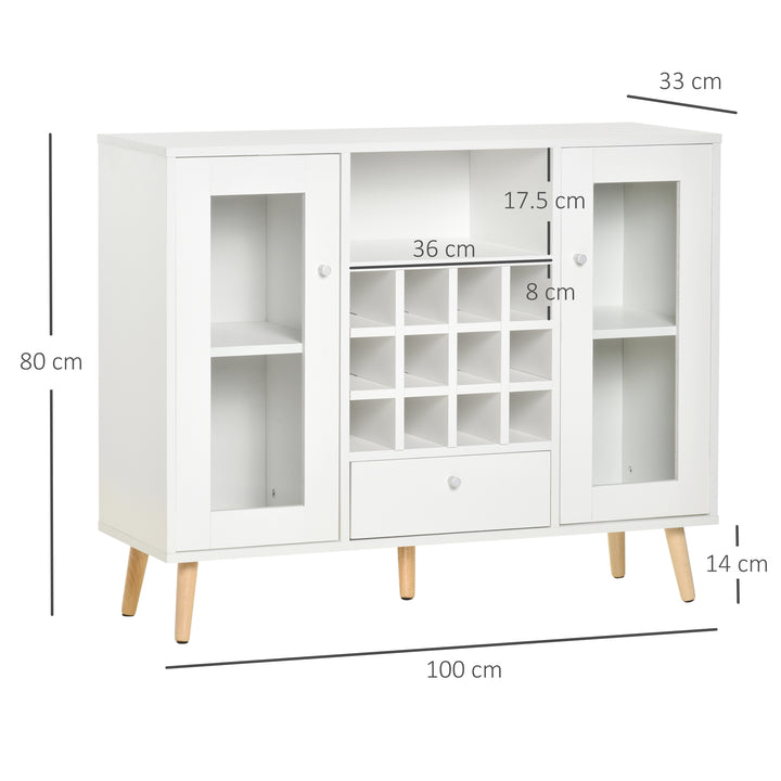 MCL Modern Sideboard Storage Cabinet Kitchen Cupboard Dining Bar Server with Glass Doors, Drawer & 12-Bottle Wine Rack for Living Room, White