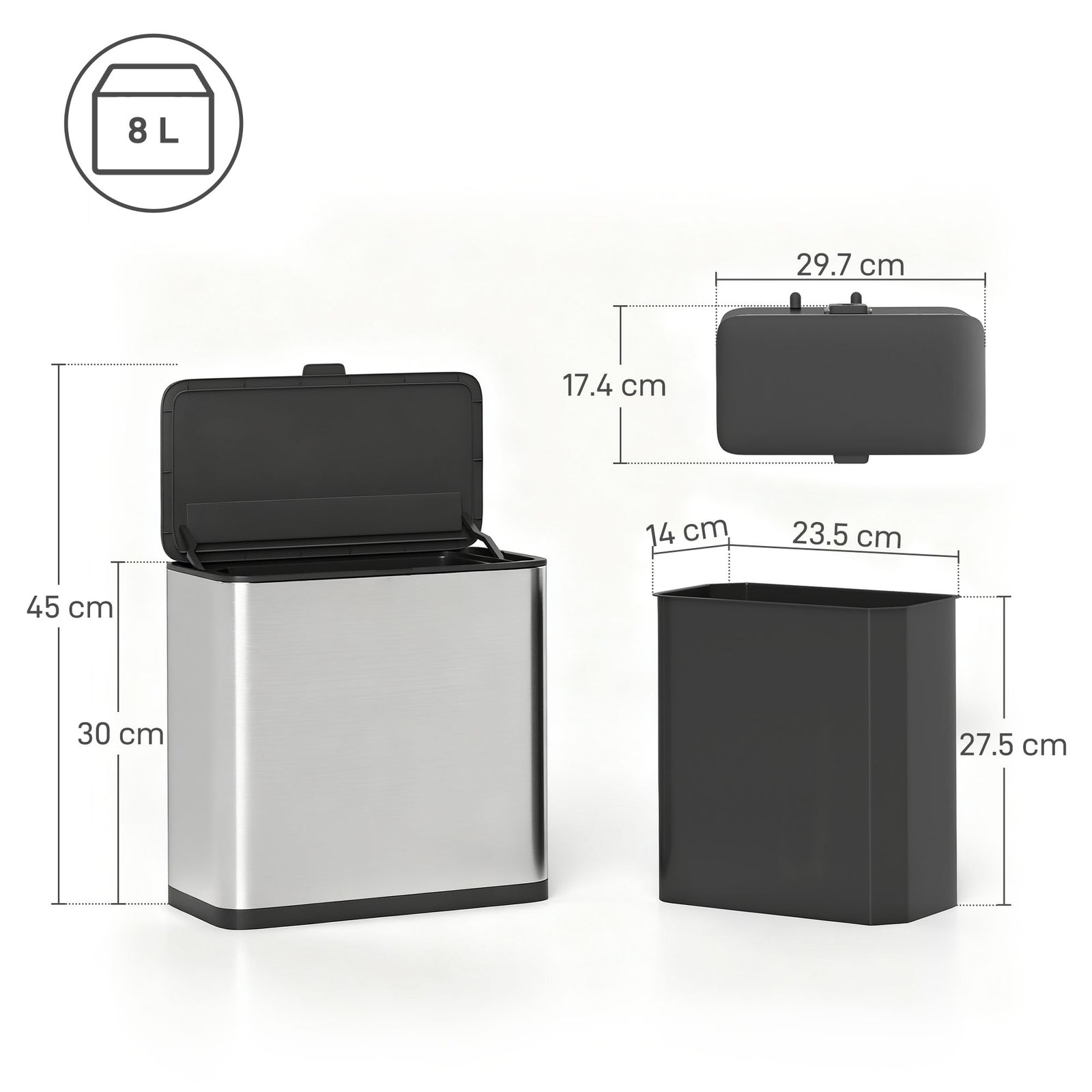 8L Hanging Kitchen Bin, Rubbish bin with Lid and Removable Inner Bucke