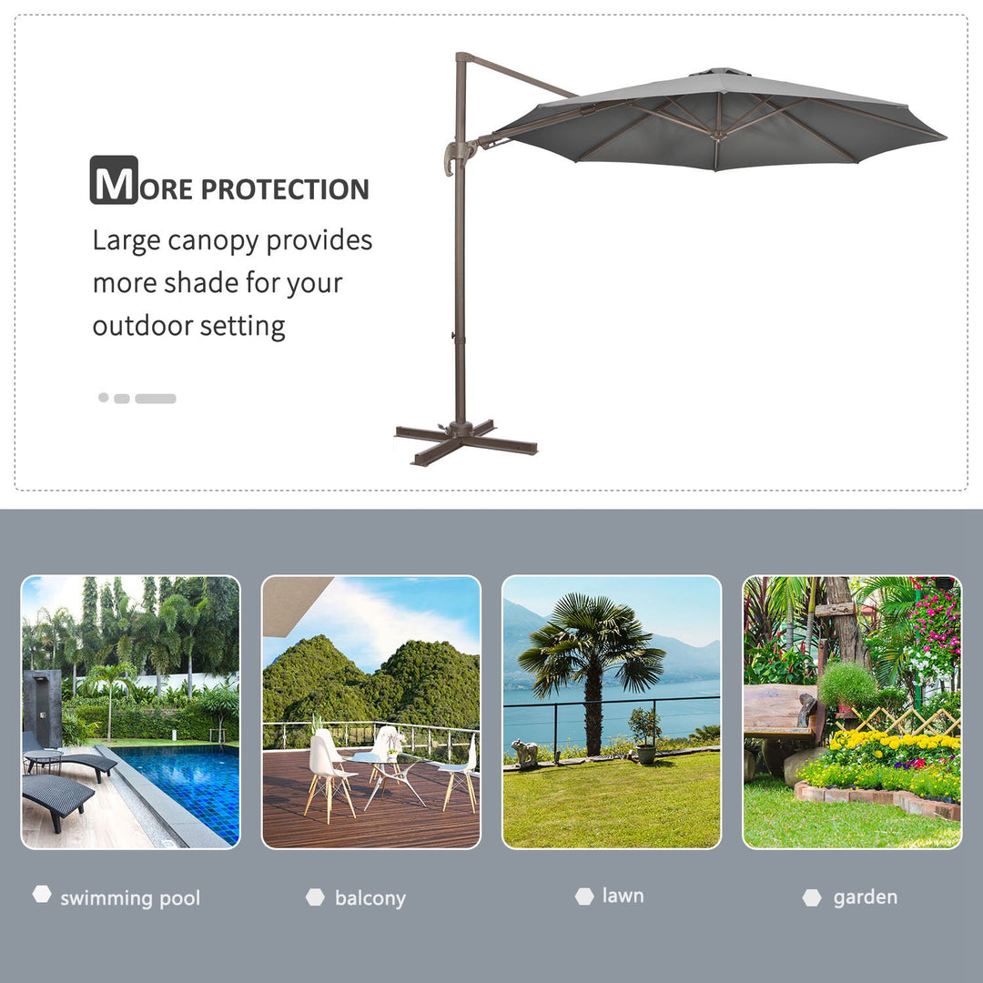 3(m) Cantilever Parasol 360° Rotation Roma Umbrella Hanging Sun Shade with Aluminium Frame, Tilt Crank, 8 Ribs and Cross Base, Dark Grey