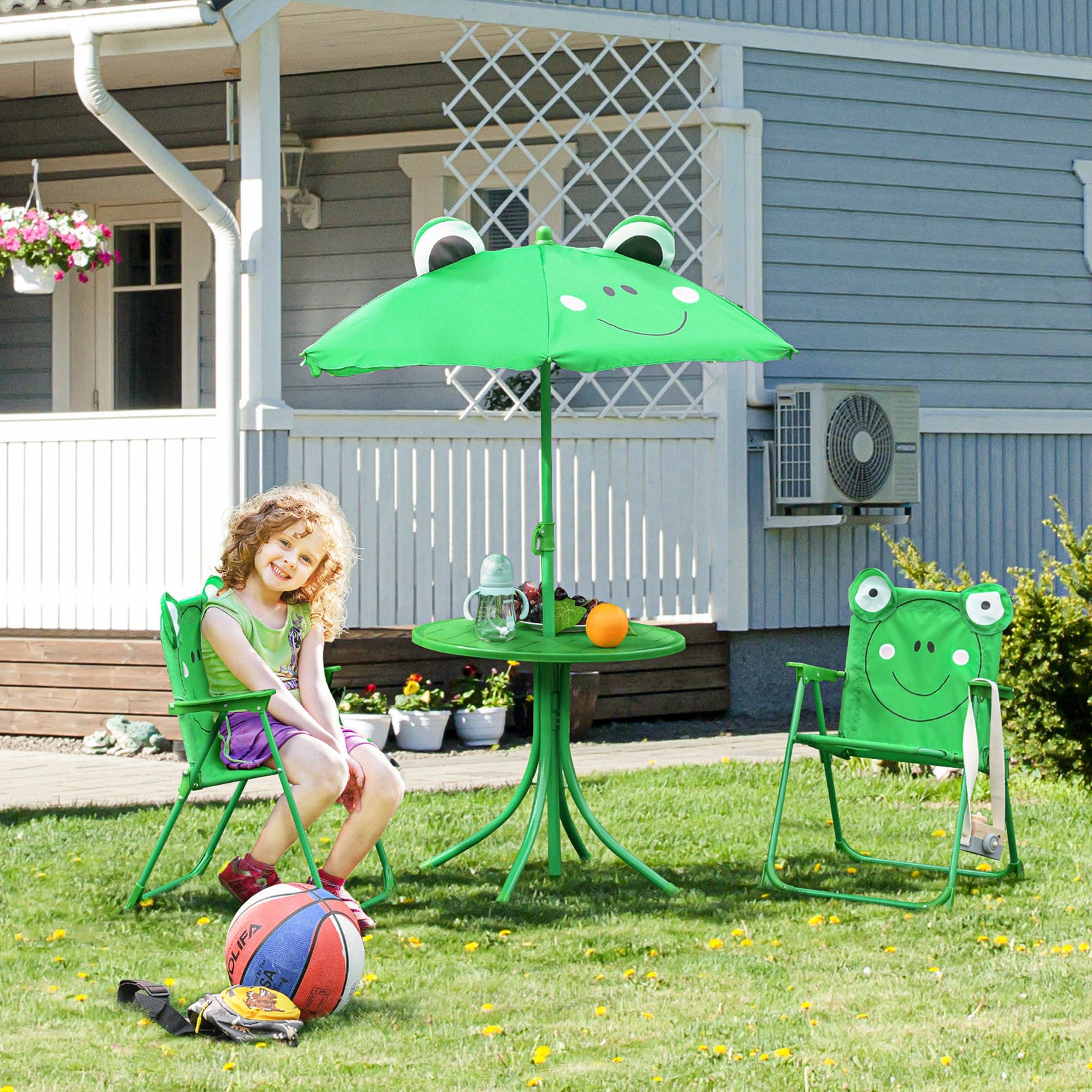 Kids Folding Picnic Table Chair Set w/ Parasol, Green