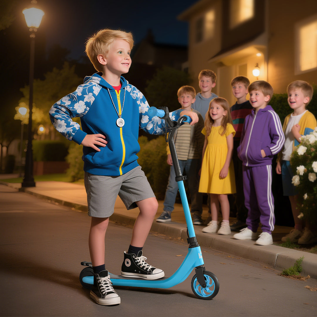 MCL Kids Electric Scooter, Electric Scooters for Kids Ages 6+, 8 KM/H & 6 KM Lightweight E-Scooter, Adjustable Height, Rear Brake - Blue