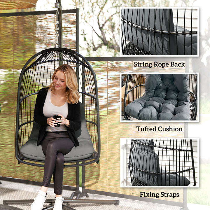 Hanging Egg Chair, Foldable Rattan Garden Swing Chair with Installation Kit, Thickened Cushion and Headrest, Indoor Outdoor Hanging Egg Basket Seat for Patio, Porch, Dark Grey