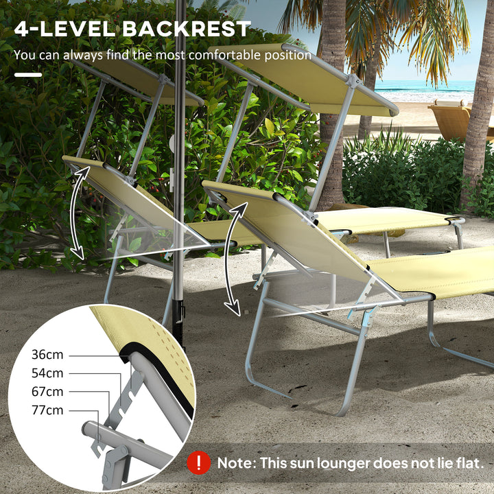 Outdoor Foldable Sun Lounger Set of 2, 4 Level Adjustable Backrest Reclining Sun Lounger Chair with Angle Adjust Sun Shade Awning for Beach, Garden, Patio, Beige