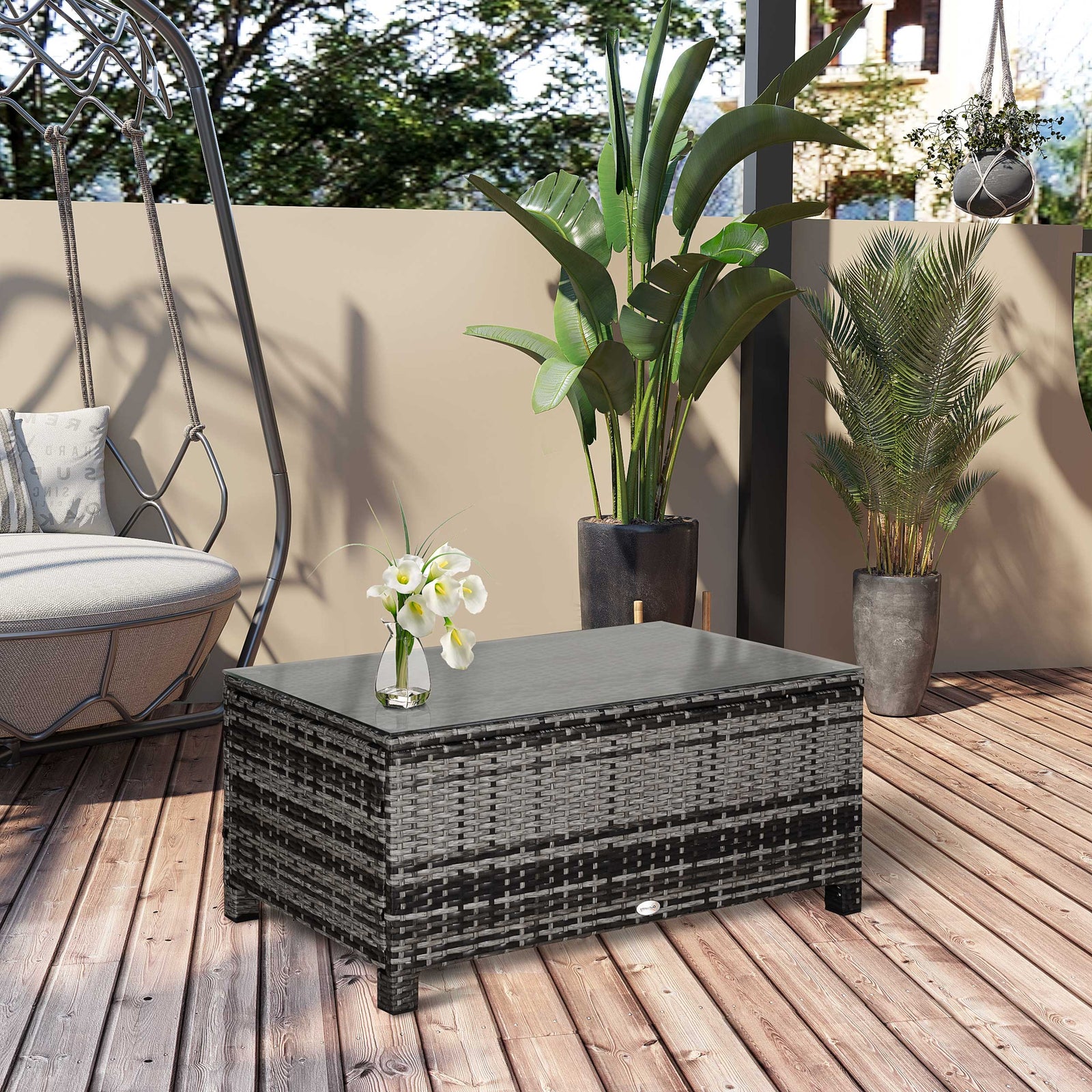 PE Rattan Garden Coffee Table, with Glass Table Top - Grey