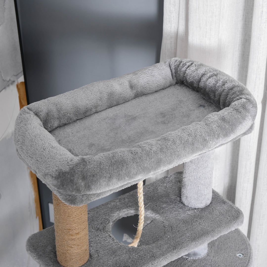 Cat Tree Tower for Indoor Cats 120cm Climbing Kitten Activity Center with Jute Scratching Post Perch Hanging Ball Hammock Teasing Rope Condo Toy Light Grey