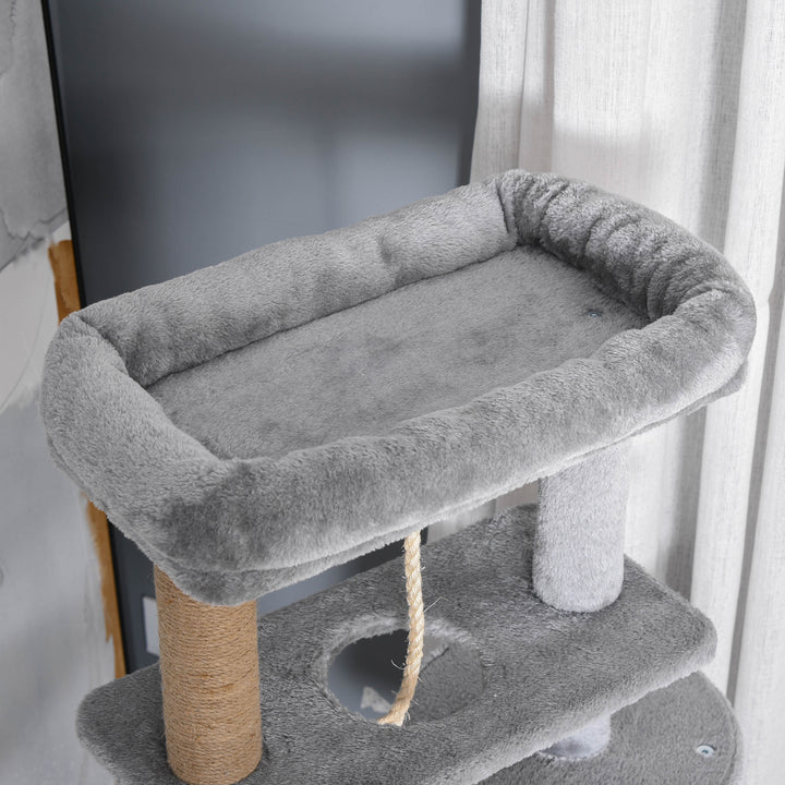 Cat Tree Tower for Indoor Cats 120cm Climbing Kitten Activity Center with Jute Scratching Post Perch Hanging Ball Hammock Teasing Rope Condo Toy Light Grey