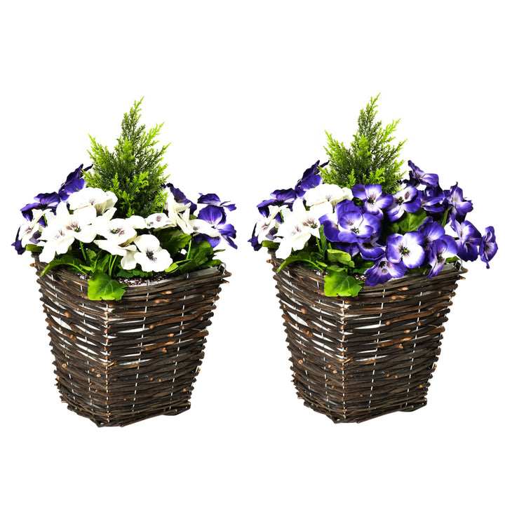 Outsunny Set of 2 Artificial Plant Phalaenopsis Decorative Plant with Straw Plaiting Pot, Fake Flower 45cm, White & Purple