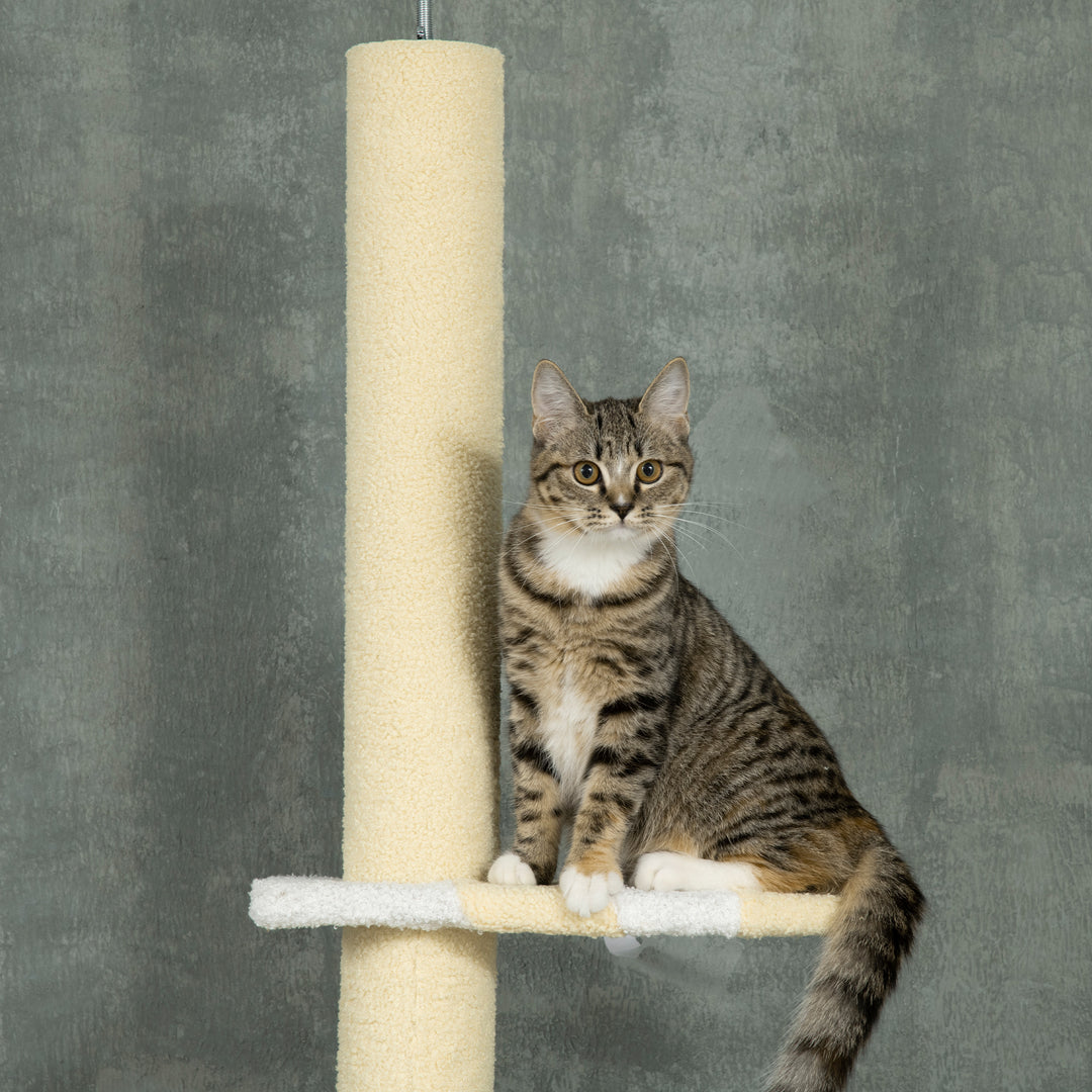 PawHut 260cm Cat Tower Cat Tree, Floor to Ceiling, Height Adjustable with Anti-slip Kit and Fish-shaped Scratching Post Ball, Yellow