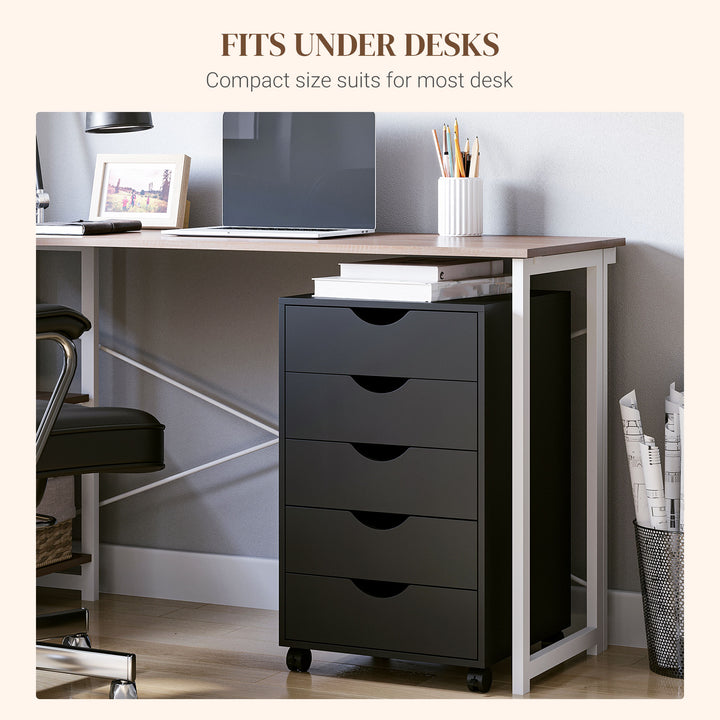5 Drawer Mobile Filing Cabinet, Vertical File Cabinet, Modern Rolling Office Storage Organizer Cupboard, Black