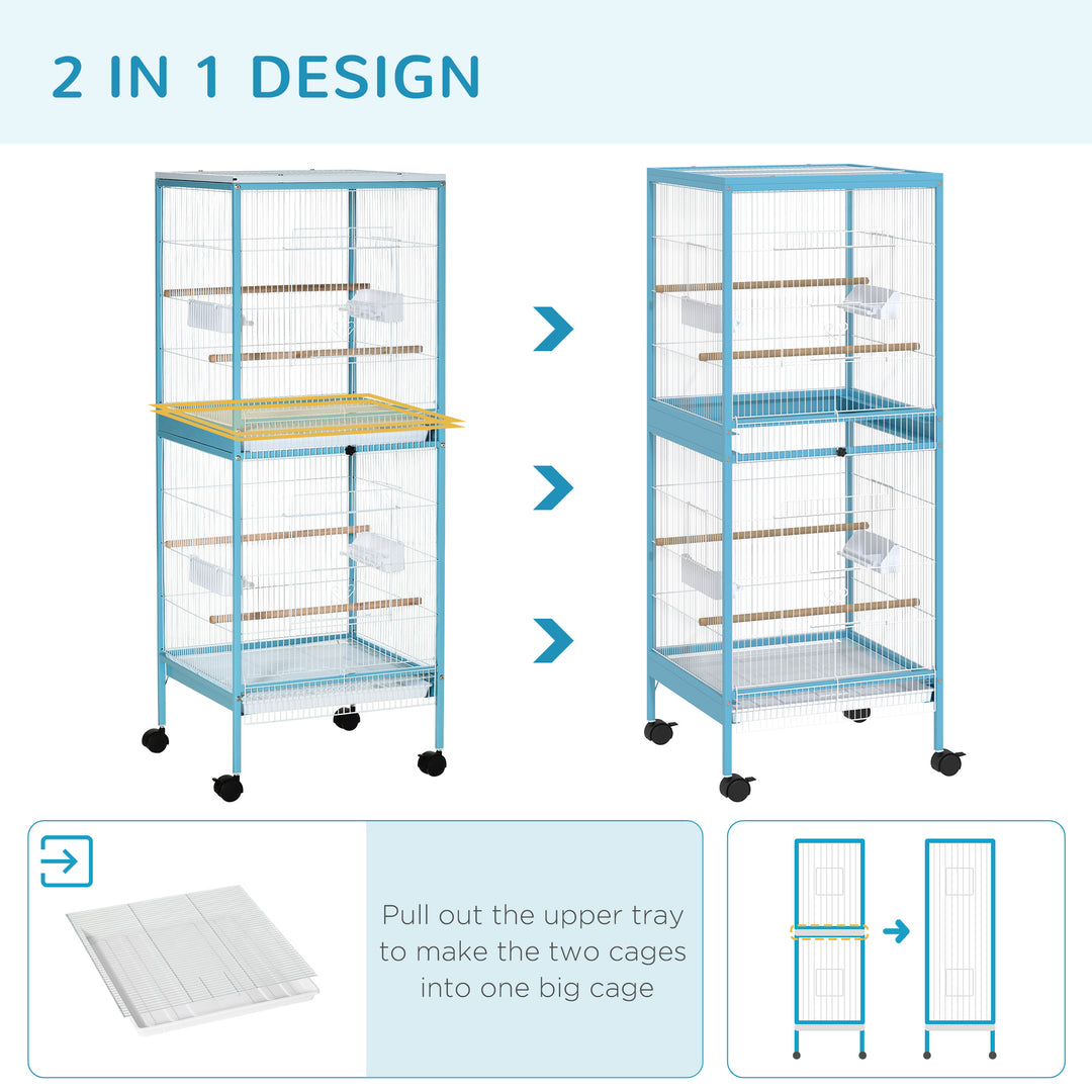 PawHut 2-In-1 Large Bird Cage Aviary, Mobile, Slide-out Trays, Wooden Perch, Feeding Bowls, for Finches Canaries Budgies, Sky Blue | Aosom UK