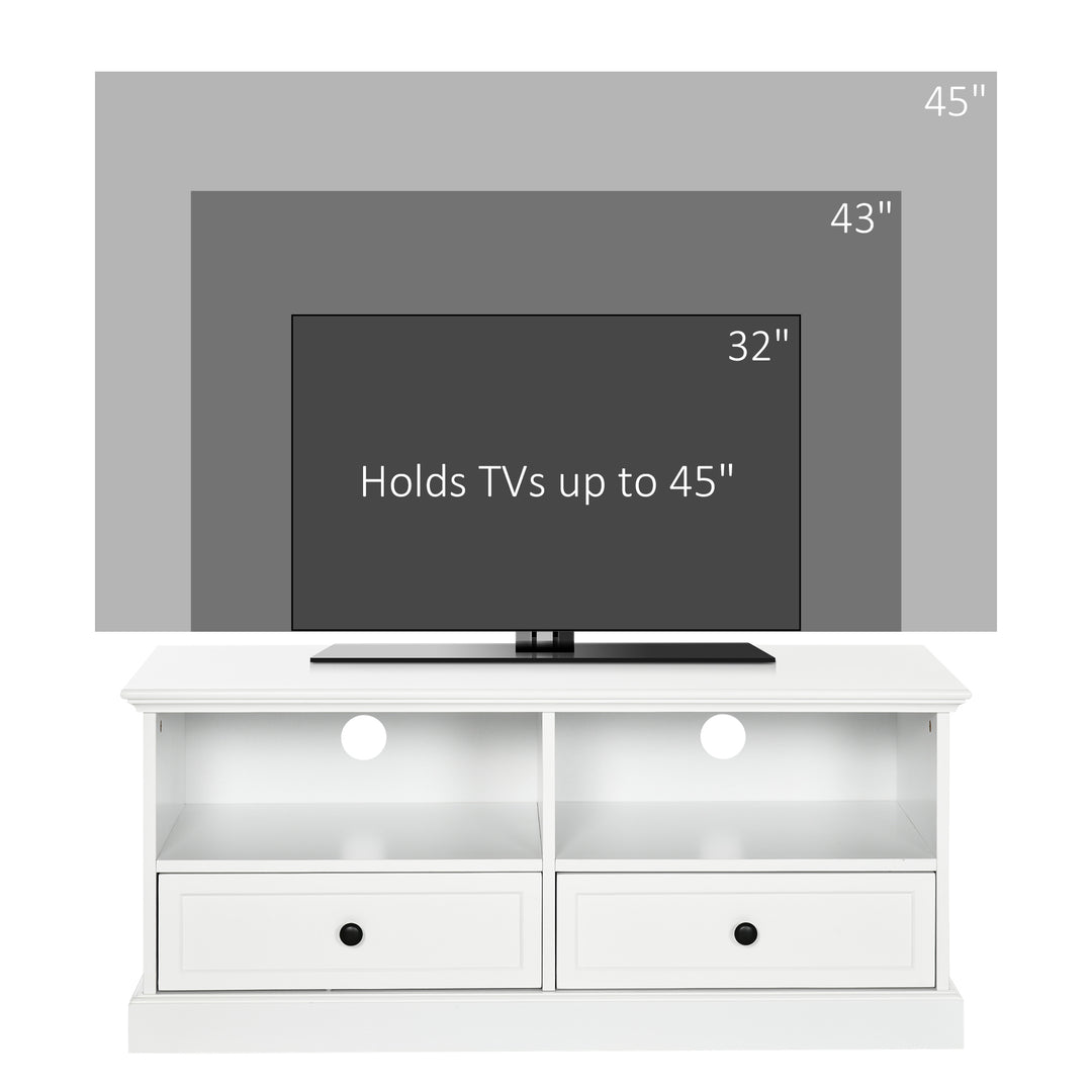 Modern TV Unit Cabinet for TVs up to 45 Inches, TV Stand with Drawers, Open Shelves, Cable Holes for Living Room, White