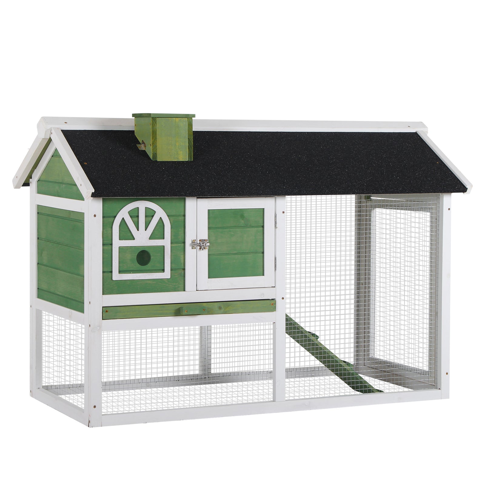 Wooden Rabbit Hutch and Run with Sliding Tray, Ramp, Water-resistant Roof, for 2-4 Rabbits, Green