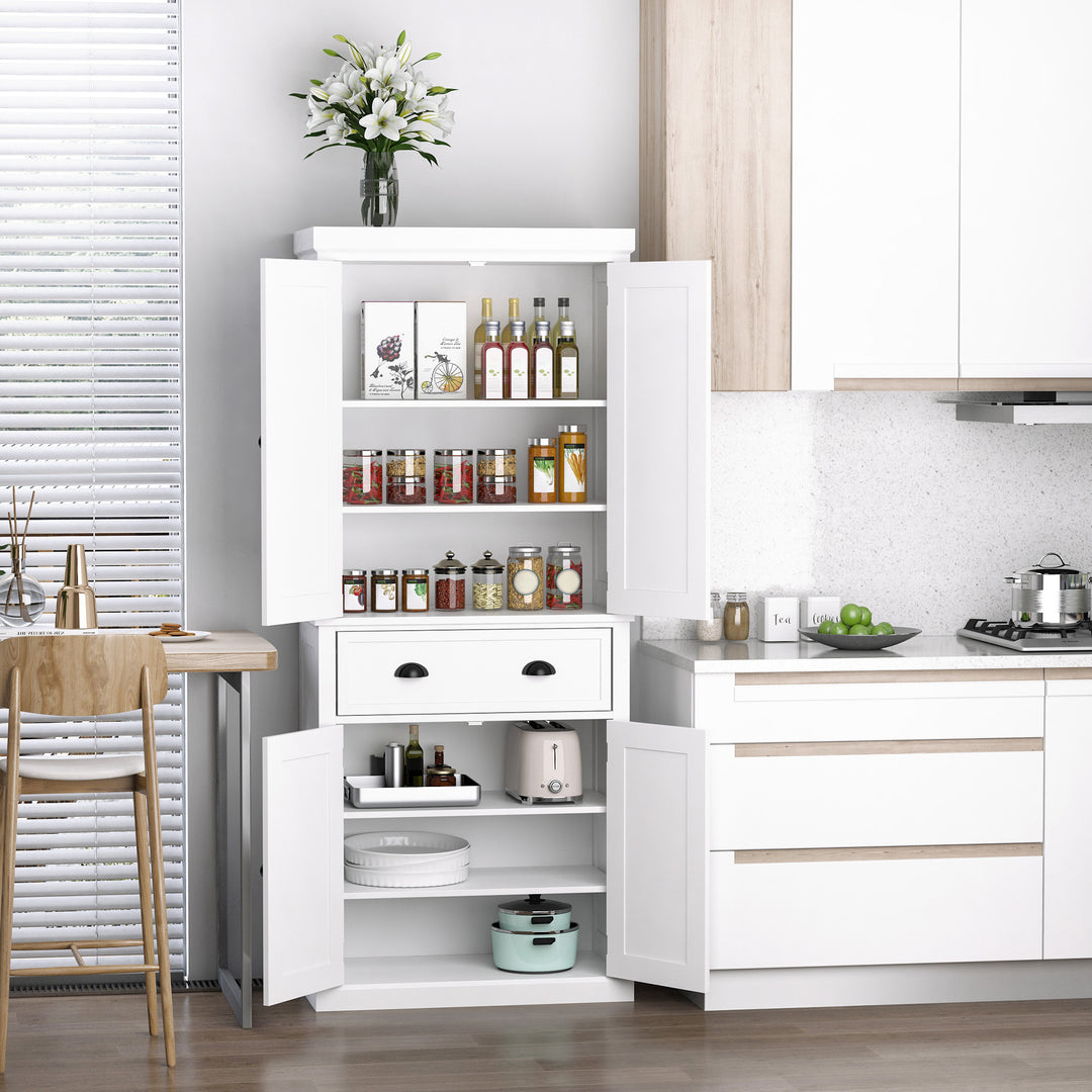 Freestanding Kitchen Cupboard, 184cm Tall Storage Cabinet with Doors and Shelves, Traditional Colonial 4-Door Kitchen Pantry Cupboard with Drawer, White