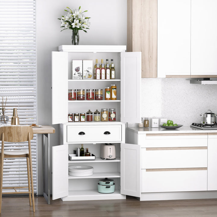 Freestanding Kitchen Cupboard, 184cm Tall Storage Cabinet with Doors and Shelves, Traditional Colonial 4-Door Kitchen Pantry Cupboard with Drawer, White