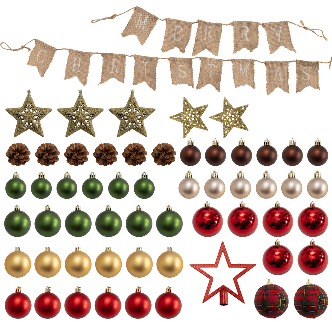 6ft Pre-Lit Xmas Tree with Decorations, Green, Red and Warm White