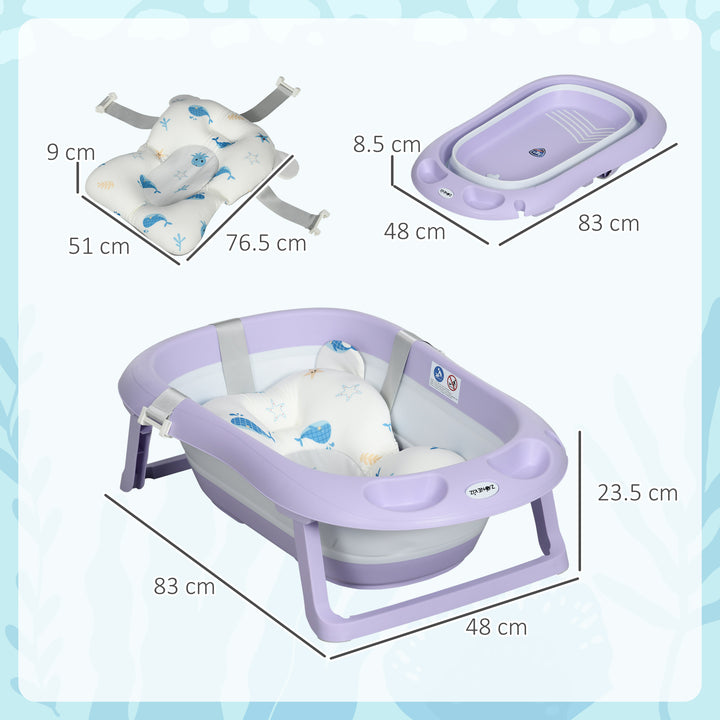 ZONEKIZ Foldable Baby Bath Tub, Bath Tub with Non-Slip Support, Cushion Pad, Drain Plugs, Shower Head Holder, for Newborn to 6 Years - Purple