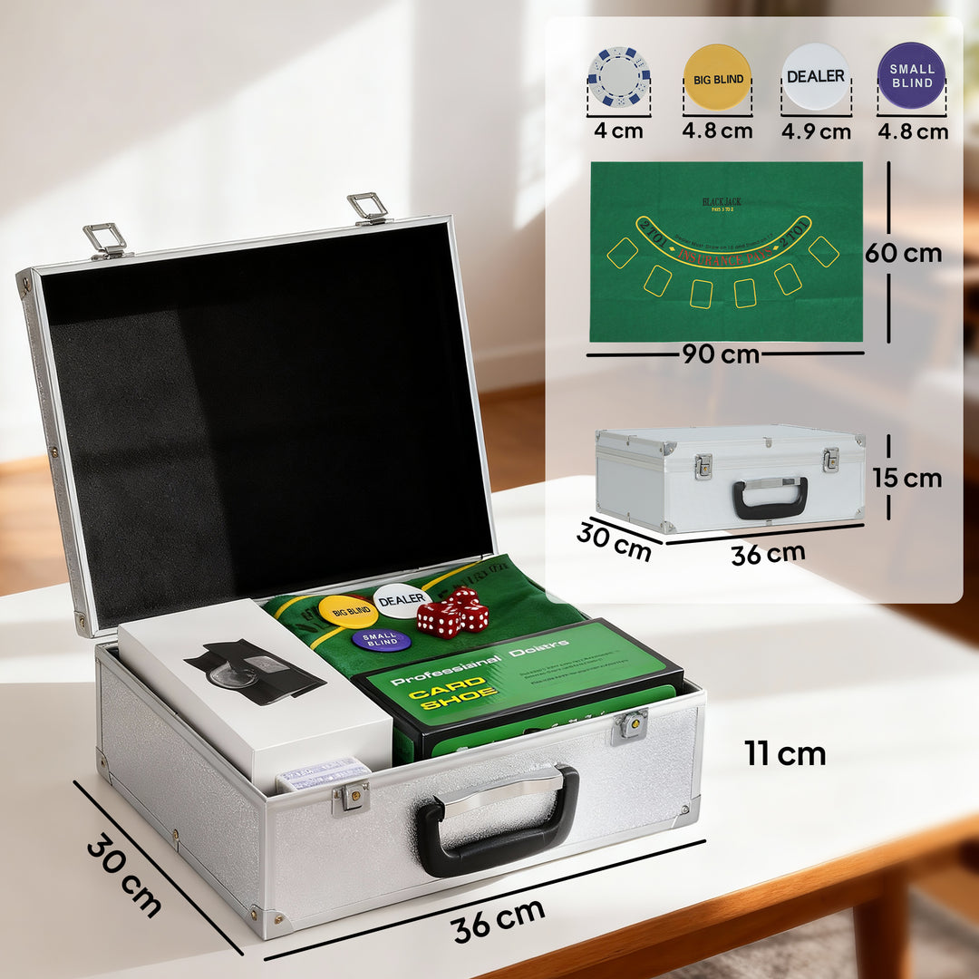 300-Piece Poker Chips Set with Card Shuffler, Card Shoe, Case, Casino Texas Holdem Poker Set with Mat, Silver Tone