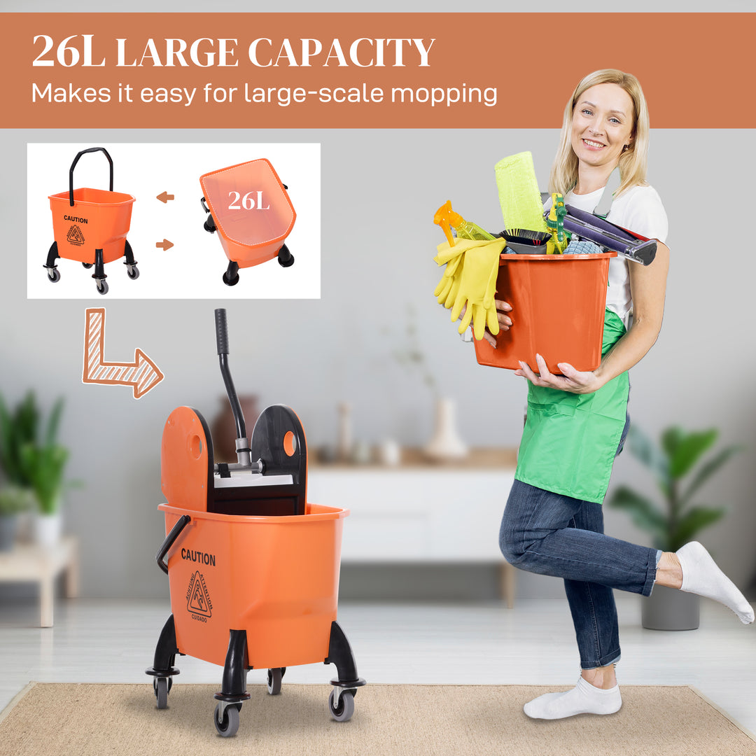 HOMCOM 26L Mop Bucket with Wringer, Mop Bucket on Wheels with Carry Handle, Mop Holder, Plastic Body for Household, Orange | Aosom UK