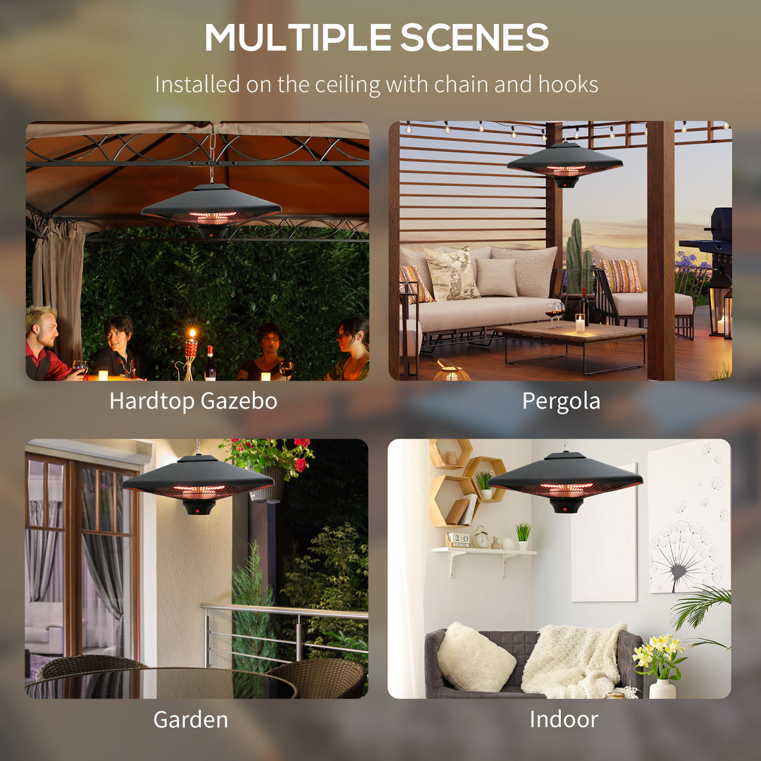 Hanging Electric Patio Heater with 2 Power Settings, 1000/2000W Waterproof Ceiling Mounted Aluminium Halogen Infrared Outdoor Heater Warmer with LED Light and Remote Control, Black