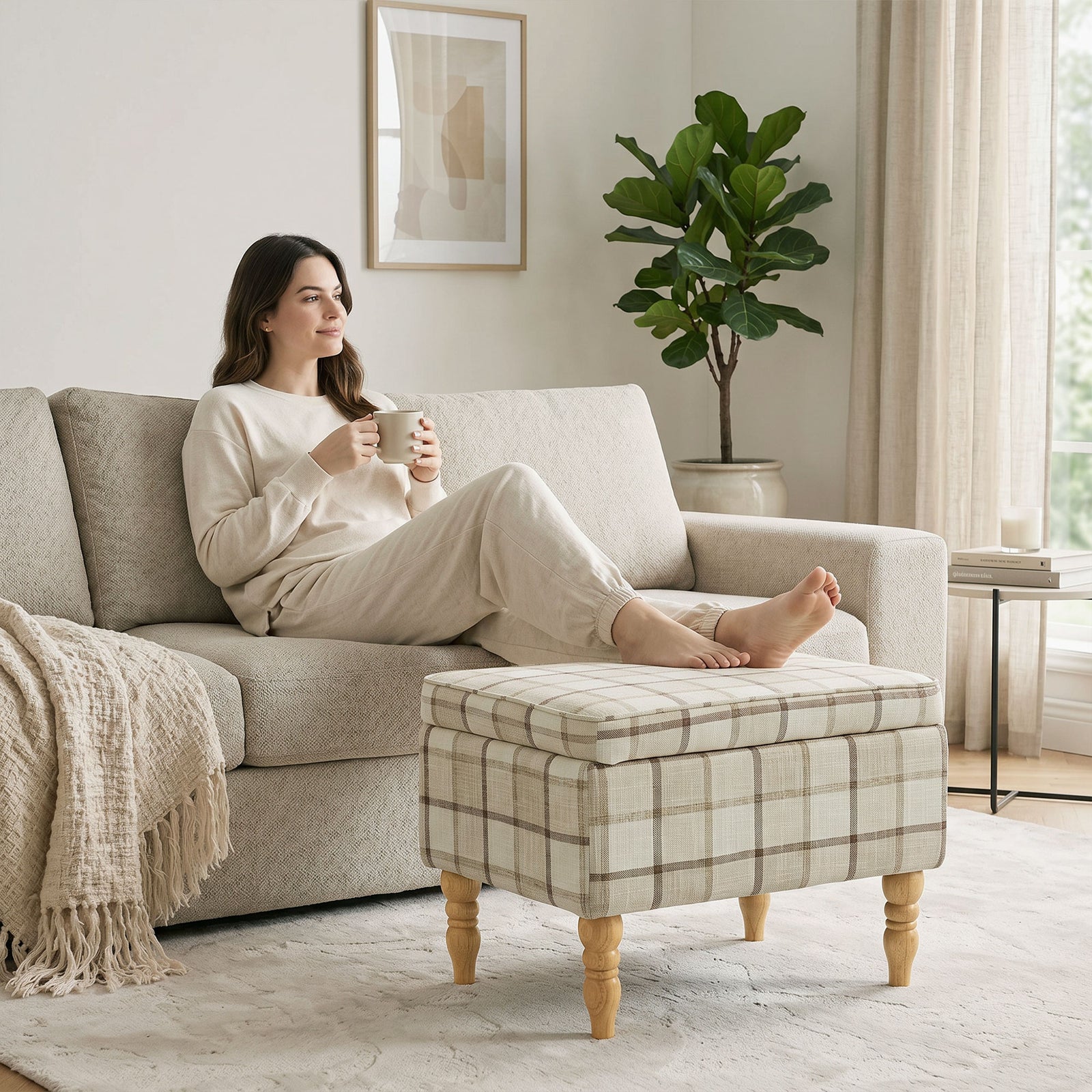Linen Fabric Upholstered Footstool, Rectangular Storage Stool with Rem