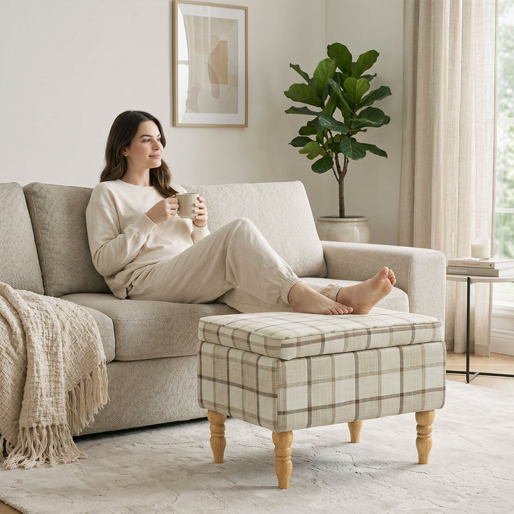 Linen Fabric Upholstered Footstool, Rectangular Storage Stool with Rem