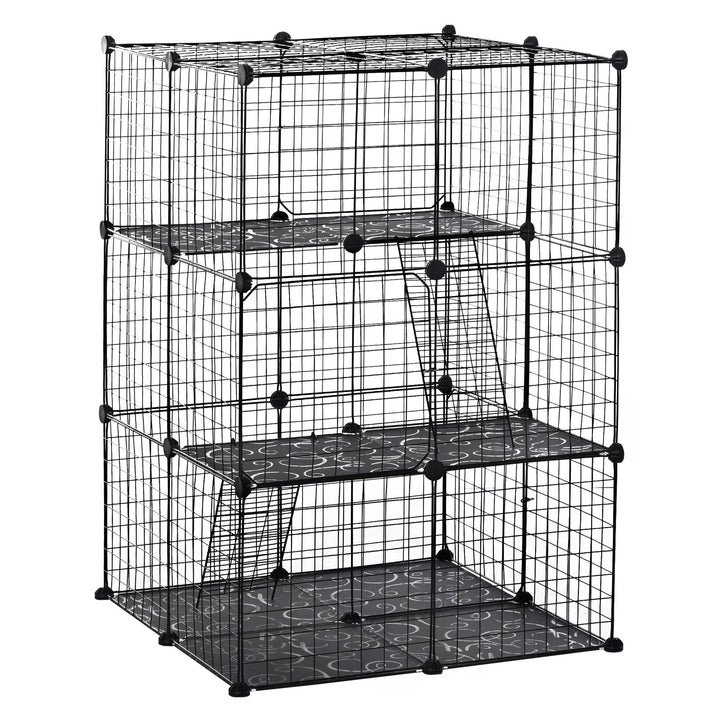 PawHut Pet Playpen, DIY Small Animal Cage with Metal Wire Fence, 39 Panels, 3 Doors, 2 Ramps, for Kitten, Bunny, Black. | Aosom UK